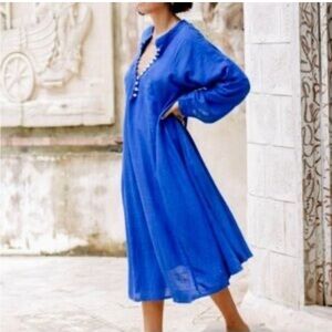 MYRAH PENALOZA FRIDA COBALT BLUE MIDI LINEN BLEND DRESS BUTTON LAGENLOOK OS